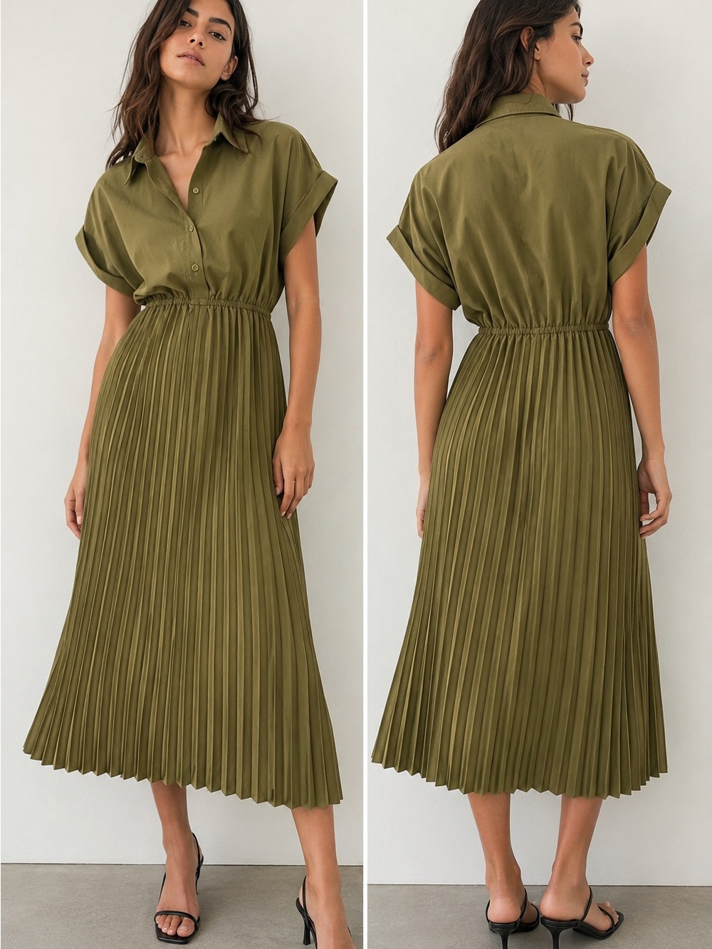 ☘️Olive Green Pleated Midi Dress | Collared | Tie Waist